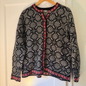 L.L. Bean Black and White Cardigan with Red Accents